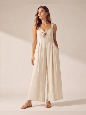 ZARA Linen Blend Wide Leg Jumpsuit Bow Front Pocket Neutral S